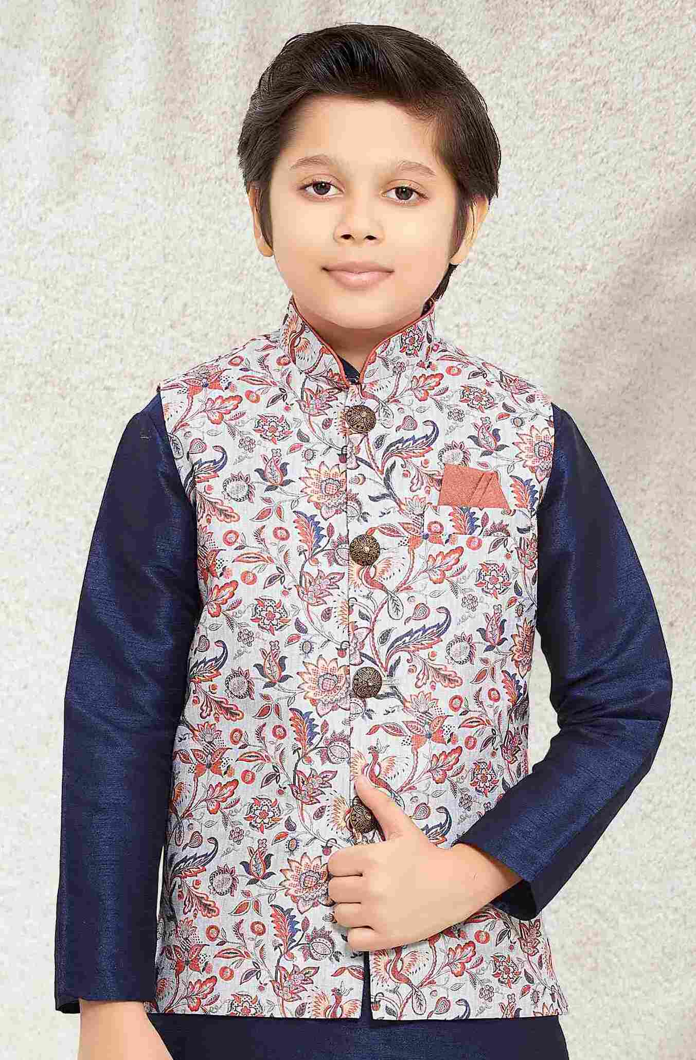 Raivat Ethnic Banarasi Silk Digital Printed Kurta Pajama With Jacket In Blue Colour | Grocsy