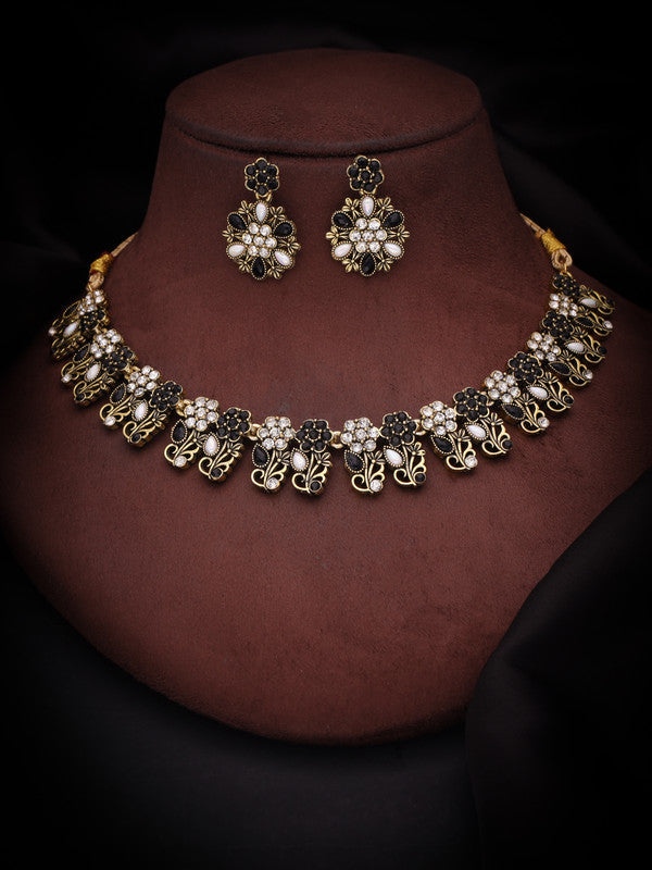 Tehzeeb Creations Luxurious Mendi Gold Polished White & Black Ad Jewellery Choker Necklace Set With Matching Earrings | Grocsy