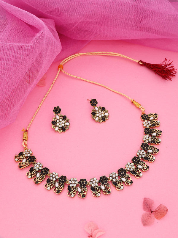 Tehzeeb Creations Luxurious Mendi Gold Polished White & Black Ad Jewellery Choker Necklace Set With Matching Earrings | Grocsy