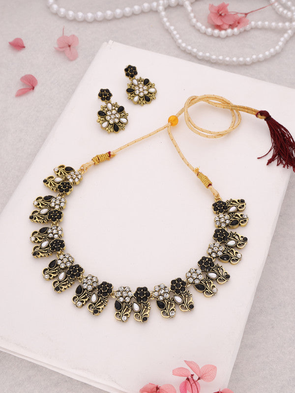 Tehzeeb Creations Luxurious Mendi Gold Polished White & Black Ad Jewellery Choker Necklace Set With Matching Earrings | Grocsy