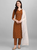HERE&NOW Brown & White Regular Pure Cotton Kurta With Trousers & Dupatta | Grocsy
