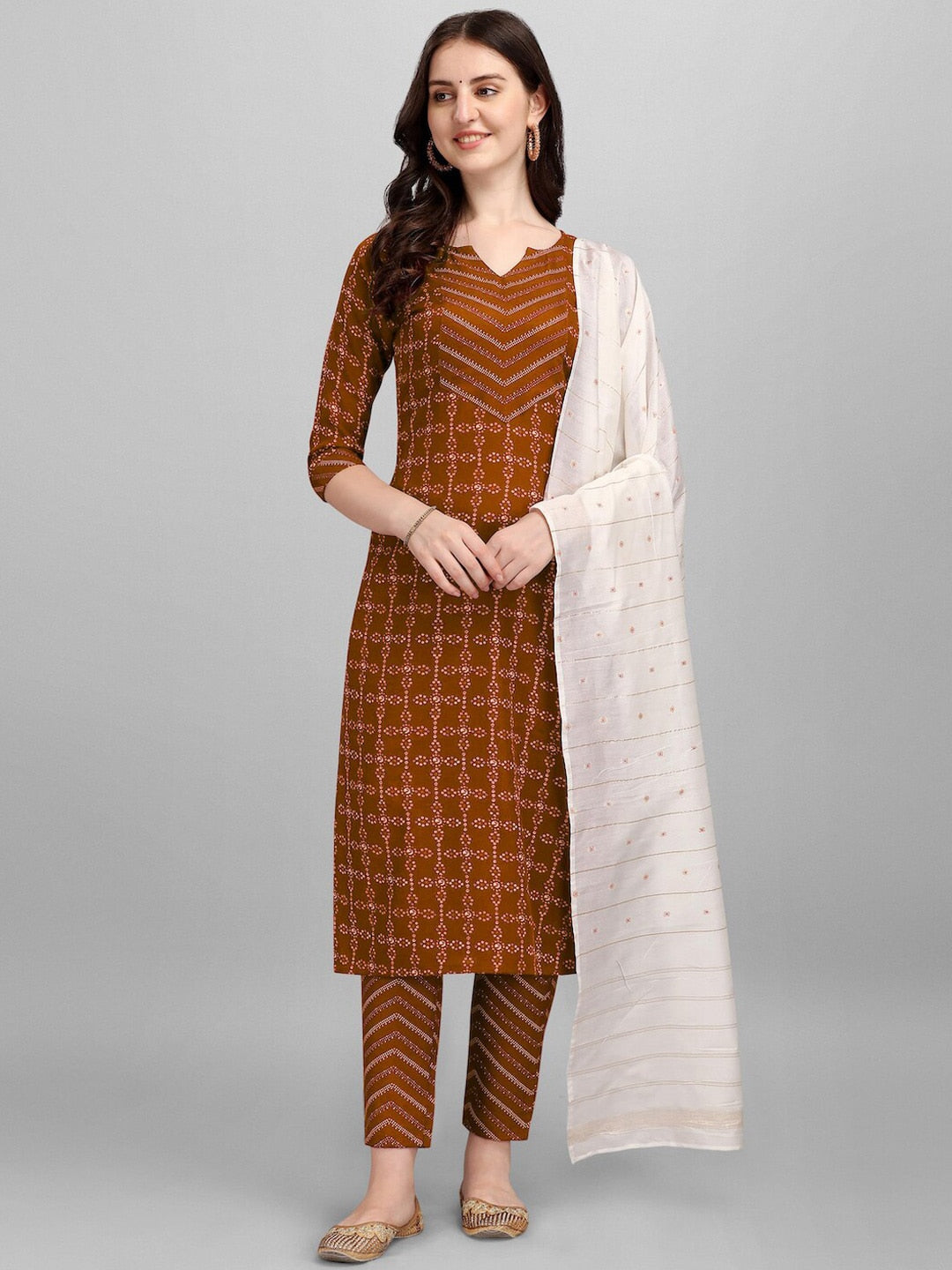HERE&NOW Brown & White Regular Pure Cotton Kurta With Trousers & Dupatta | Grocsy