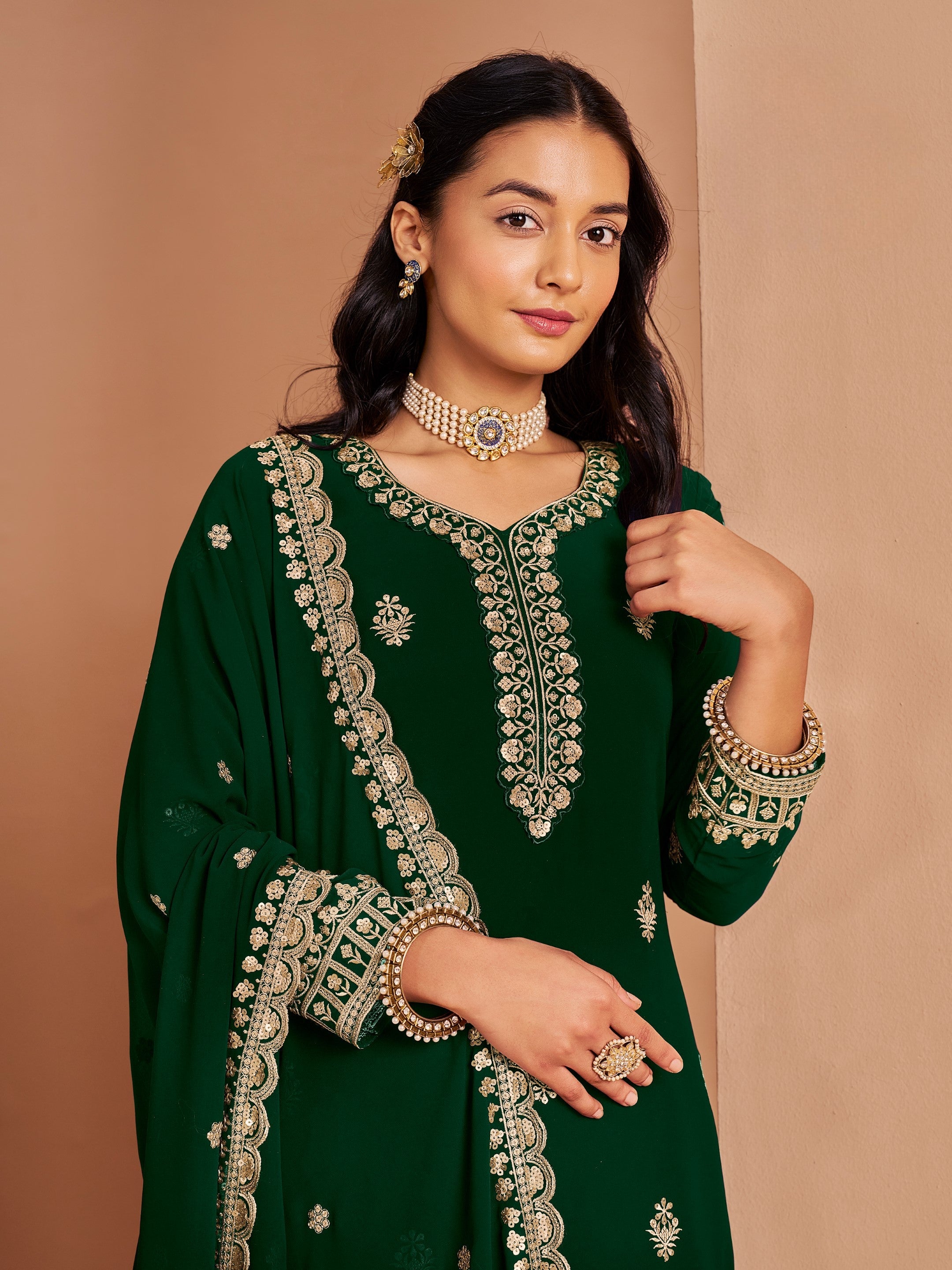 Anaita Dark Green Premium Georgette Embroidered Salwar Suit | Grocsy