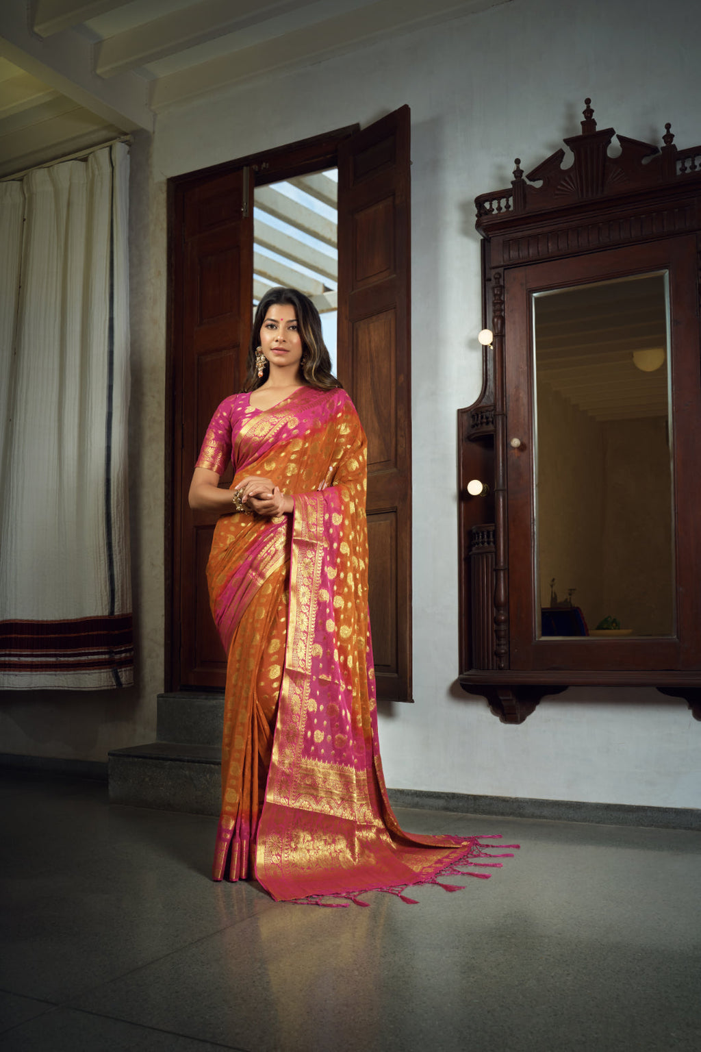 Vardha Sunset Orange Golden Zari Banarasi Chiffon Saree | Grocsy