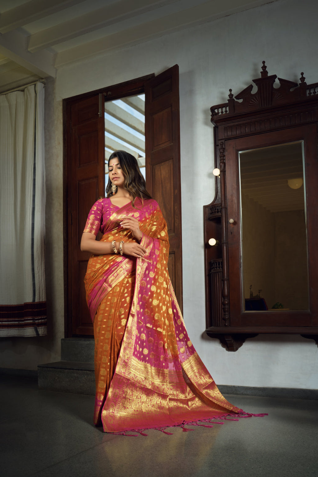 Vardha Sunset Orange Golden Zari Banarasi Chiffon Saree | Grocsy