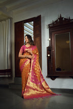 Vardha Sunset Orange Golden Zari Banarasi Chiffon Saree | Grocsy