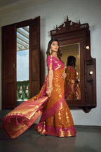 Vardha Sunset Orange Golden Zari Banarasi Chiffon Saree | Grocsy