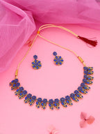 Tehzeeb Creations Luxurious Gold Polished Blue Colour Choker Necklace Set With Matching Earrings - Swadesiicart