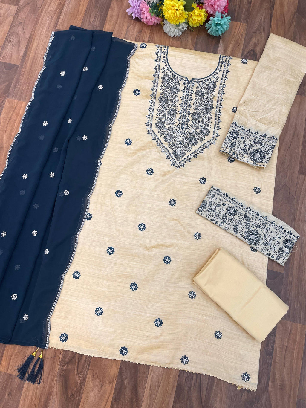 Anaita White Navy Khadi Cotton Suit with Embroidery & Patchwork | Grocsy