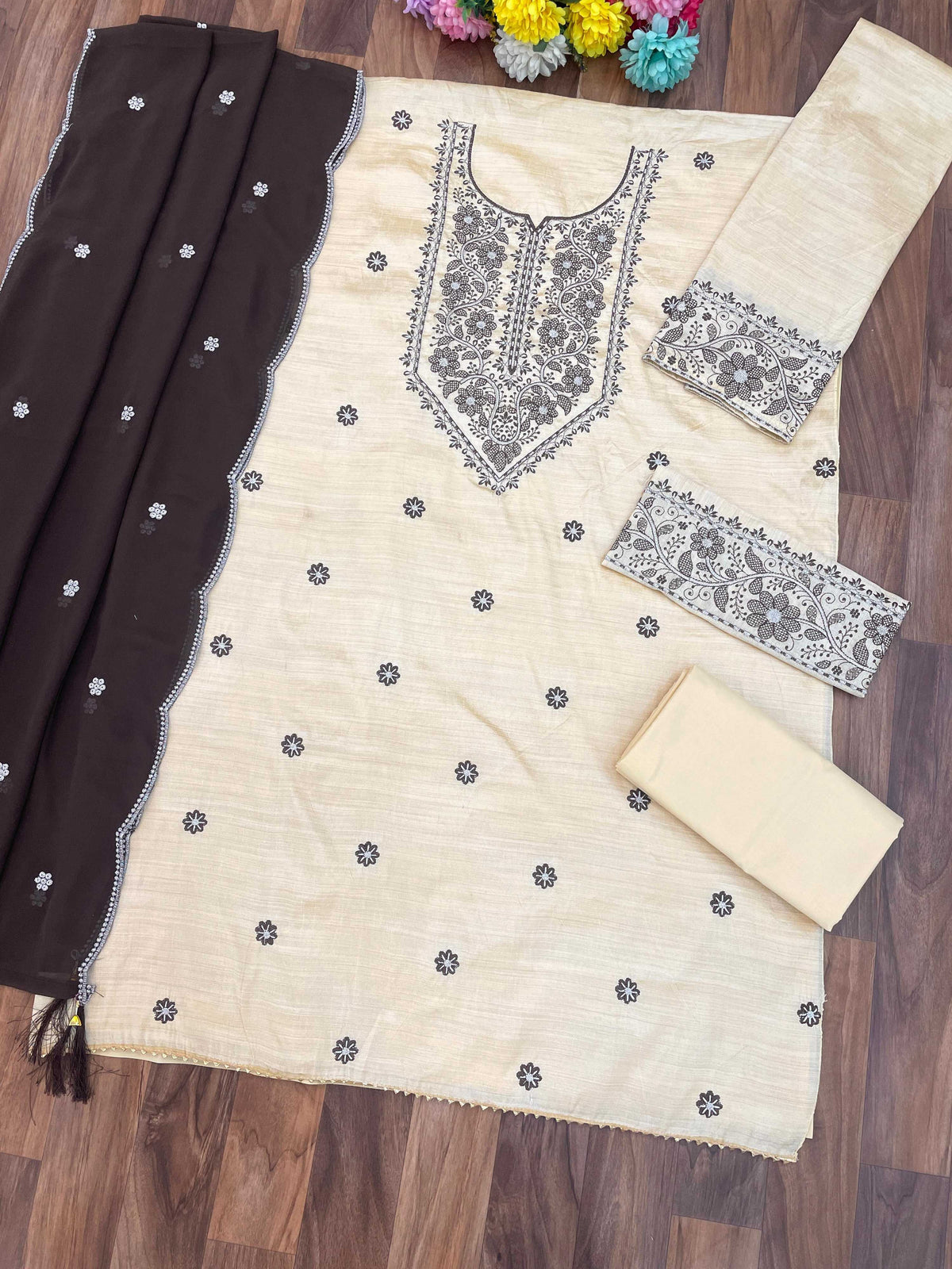 Anaita White D Purple Khadi Cotton Suit with Embroidery & Patchwork | Grocsy