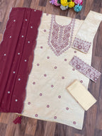Anaita White Maroon Khadi Cotton Suit with Embroidery & Patchwork | Grocsy