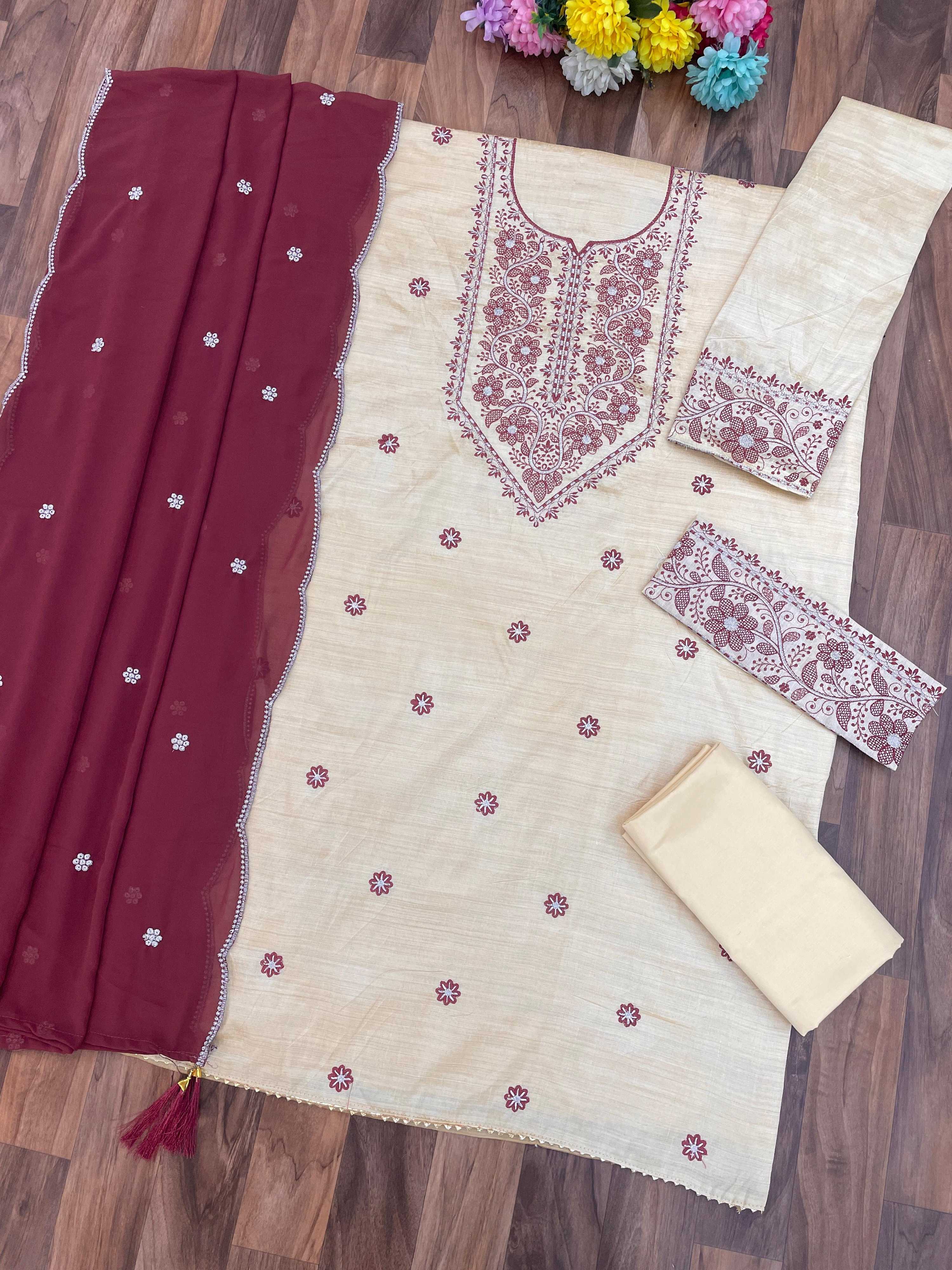 Anaita White Maroon Khadi Cotton Suit with Embroidery & Patchwork | Grocsy
