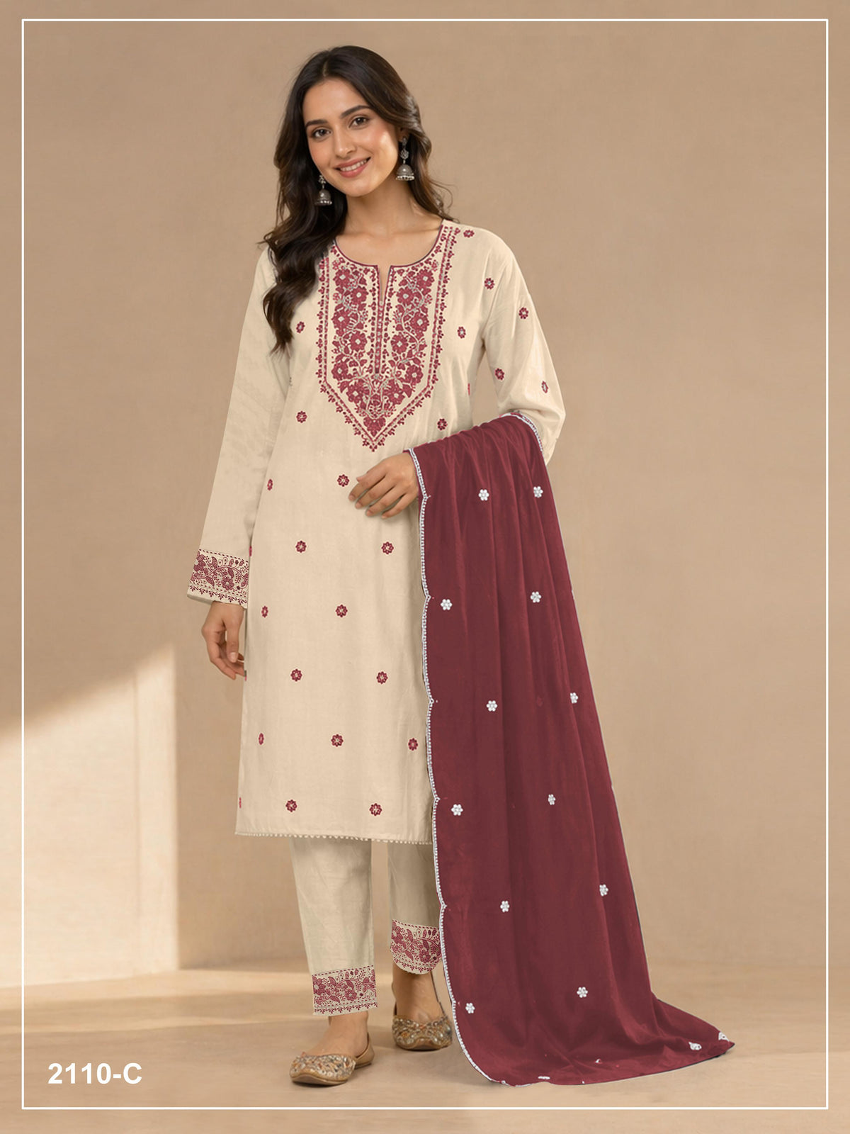 Anaita White Maroon Khadi Cotton Suit with Embroidery & Patchwork | Grocsy