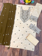 Anaita White Mehendi Khadi Cotton Suit with Embroidery & Patchwork | Grocsy