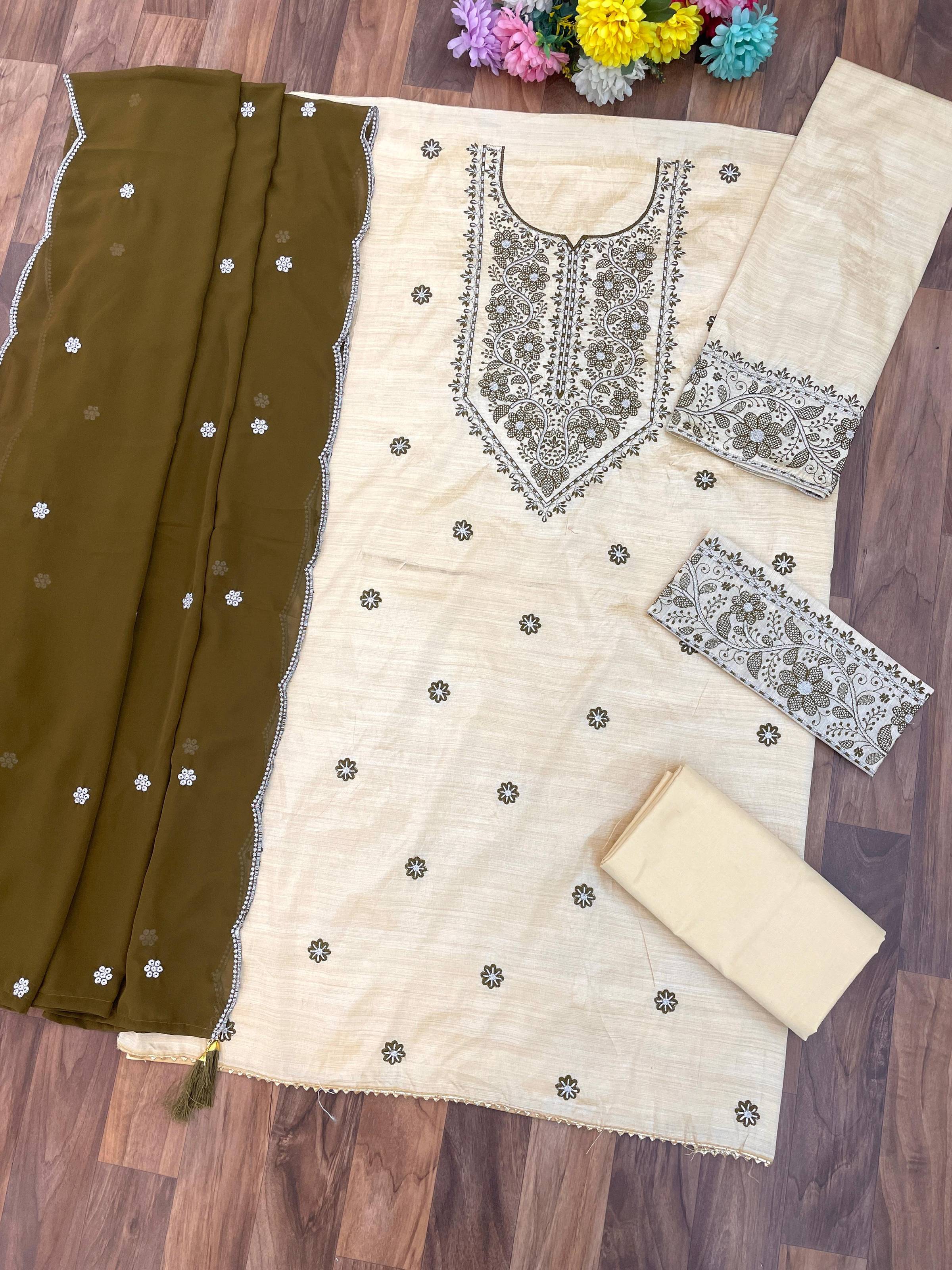 Anaita White Mehendi Khadi Cotton Suit with Embroidery & Patchwork | Grocsy