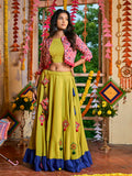 Myra Fluorescent Green Maslin Cotton Embroidered Navratri Special Lehenga | Grocsy