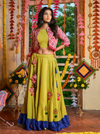 Myra Fluorescent Green Maslin Cotton Embroidered Navratri Special Lehenga | Grocsy