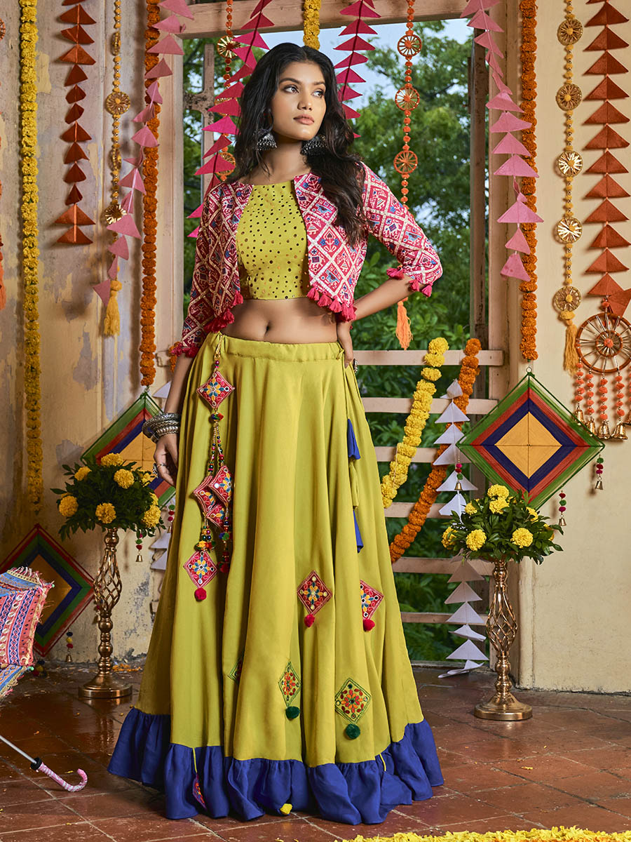 Myra Fluorescent Green Maslin Cotton Embroidered Navratri Special Lehenga | Grocsy