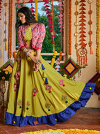 Myra Fluorescent Green Maslin Cotton Embroidered Navratri Special Lehenga | Grocsy