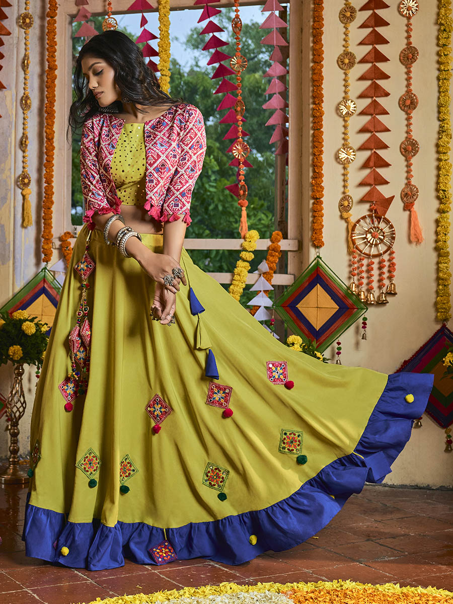 Myra Fluorescent Green Maslin Cotton Embroidered Navratri Special Lehenga | Grocsy