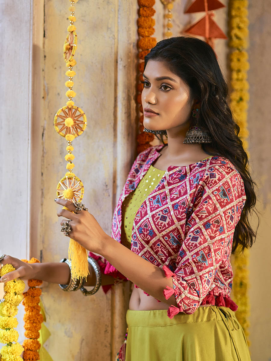 Myra Fluorescent Green Maslin Cotton Embroidered Navratri Special Lehenga | Grocsy
