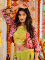 Myra Fluorescent Green Maslin Cotton Embroidered Navratri Special Lehenga | Grocsy