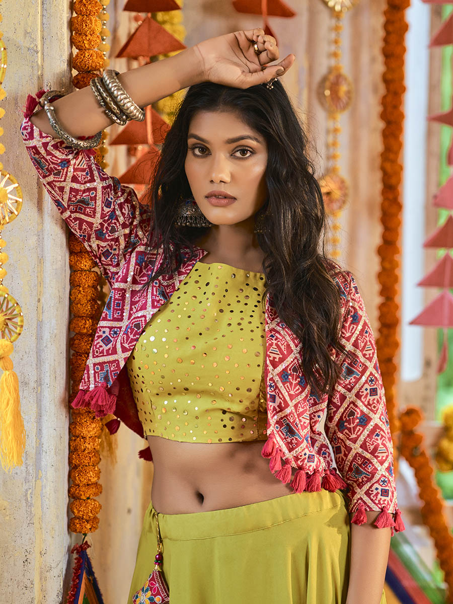 Myra Fluorescent Green Maslin Cotton Embroidered Navratri Special Lehenga | Grocsy