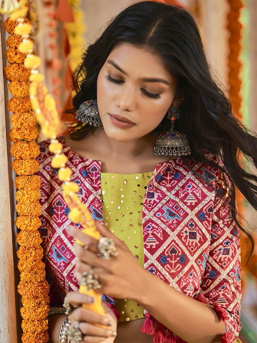 Myra Fluorescent Green Maslin Cotton Embroidered Navratri Special Lehenga | Grocsy