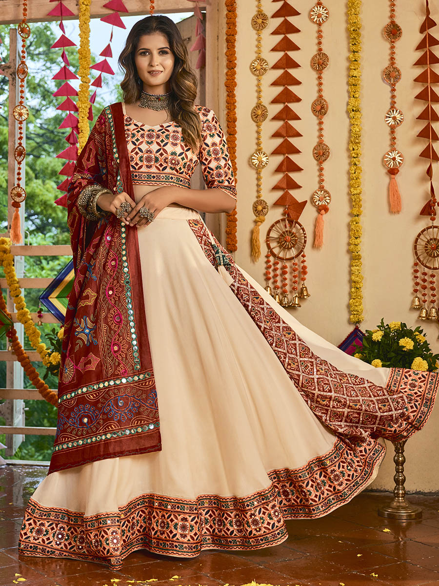 Myra Beige Maslin Cotton Embroidered Navratri Special Lehenga | Grocsy