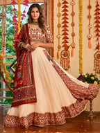 Myra Beige Maslin Cotton Embroidered Navratri Special Lehenga | Grocsy