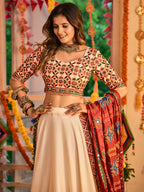 Myra Beige Maslin Cotton Embroidered Navratri Special Lehenga | Grocsy