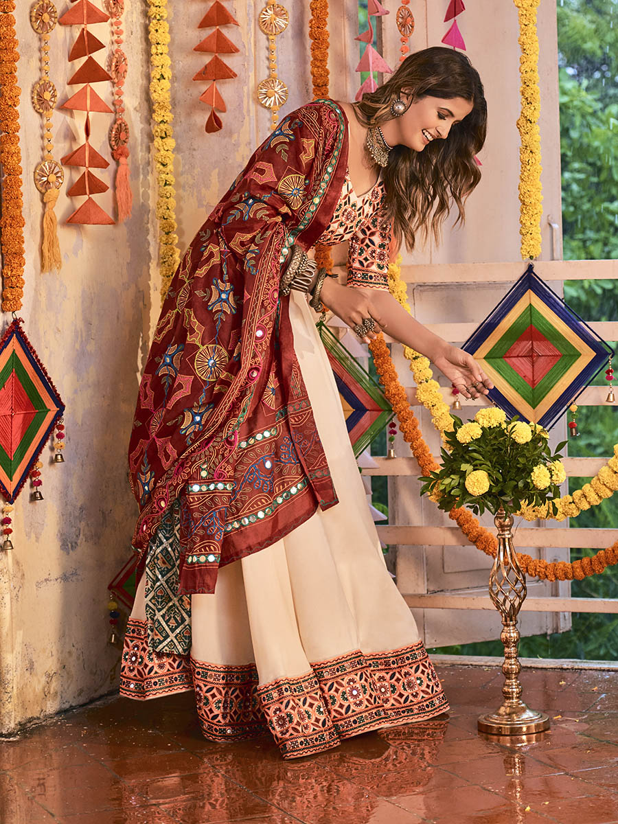 Myra Beige Maslin Cotton Embroidered Navratri Special Lehenga | Grocsy