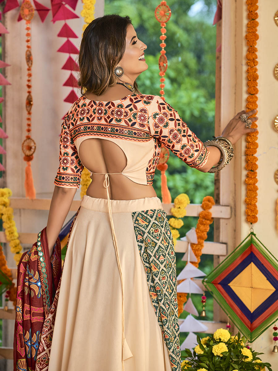 Myra Beige Maslin Cotton Embroidered Navratri Special Lehenga | Grocsy