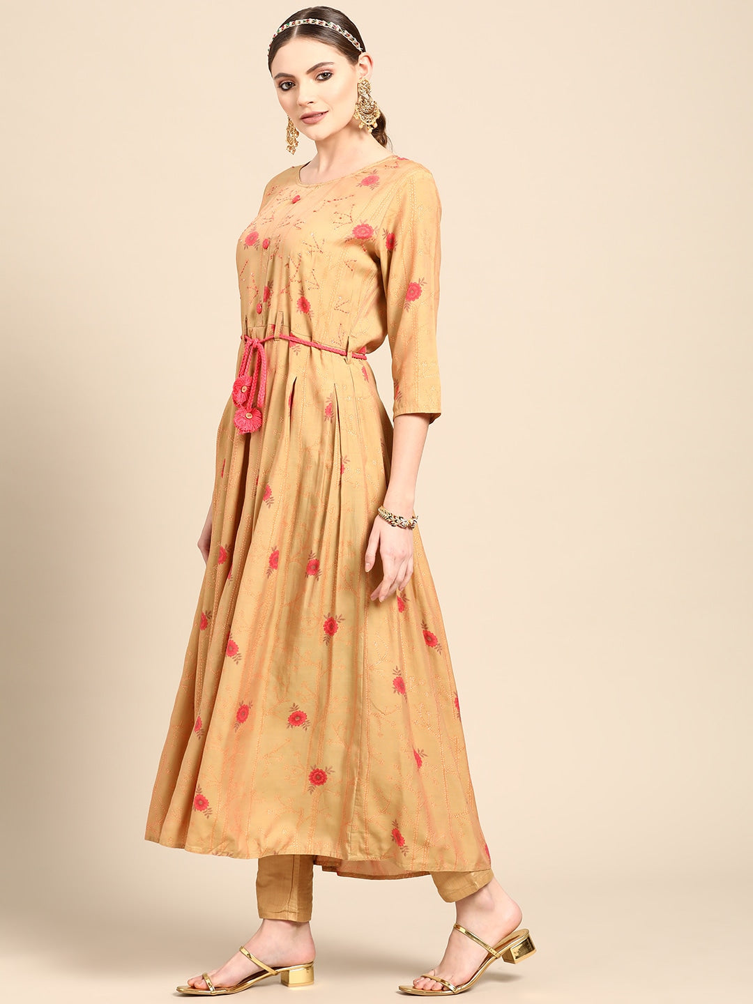 Sangria Women Mustard Yellow & Pink Ethnic Motifs Embroidered Mirror Work Anarkali Kurta | Grocsy