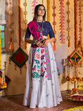 Myra White and Navy blue Maslin Cotton Embroidered Navratri Special Lehenga | Grocsy
