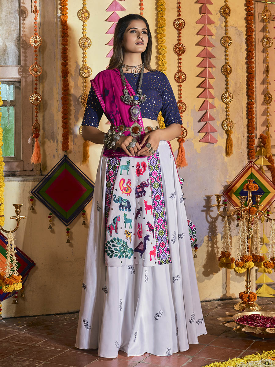 Myra White and Navy blue Maslin Cotton Embroidered Navratri Special Lehenga | Grocsy