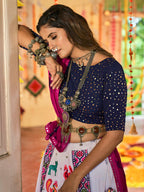 Myra White and Navy blue Maslin Cotton Embroidered Navratri Special Lehenga | Grocsy