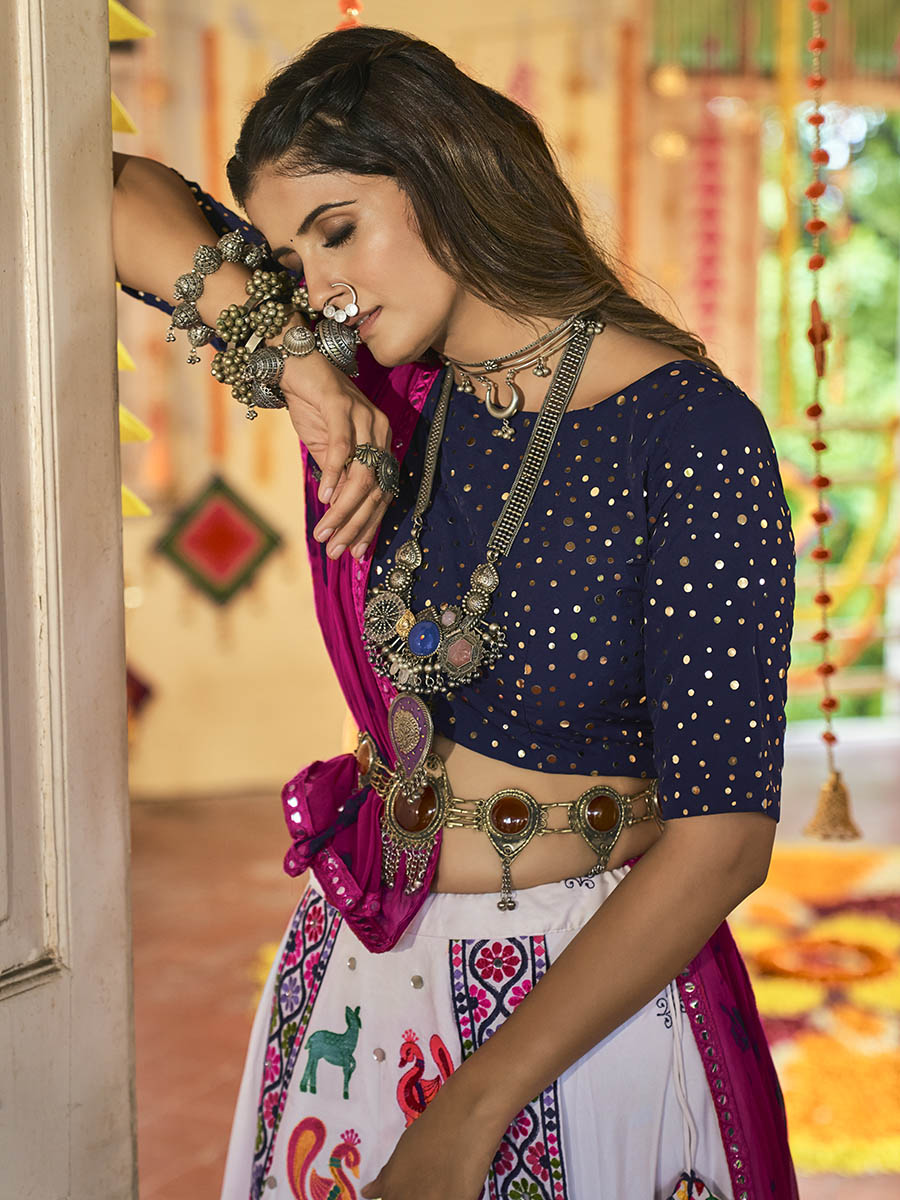 Myra White and Navy blue Maslin Cotton Embroidered Navratri Special Lehenga | Grocsy