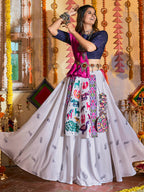Myra White and Navy blue Maslin Cotton Embroidered Navratri Special Lehenga | Grocsy