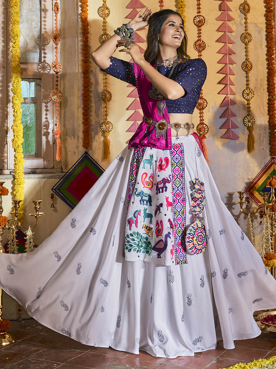 Myra White and Navy blue Maslin Cotton Embroidered Navratri Special Lehenga | Grocsy