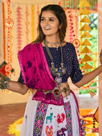 Myra White and Navy blue Maslin Cotton Embroidered Navratri Special Lehenga | Grocsy