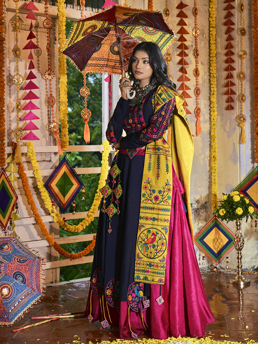 Myra Pink and Navy blue Silk Embroidered Navratri Special Lehenga | Grocsy