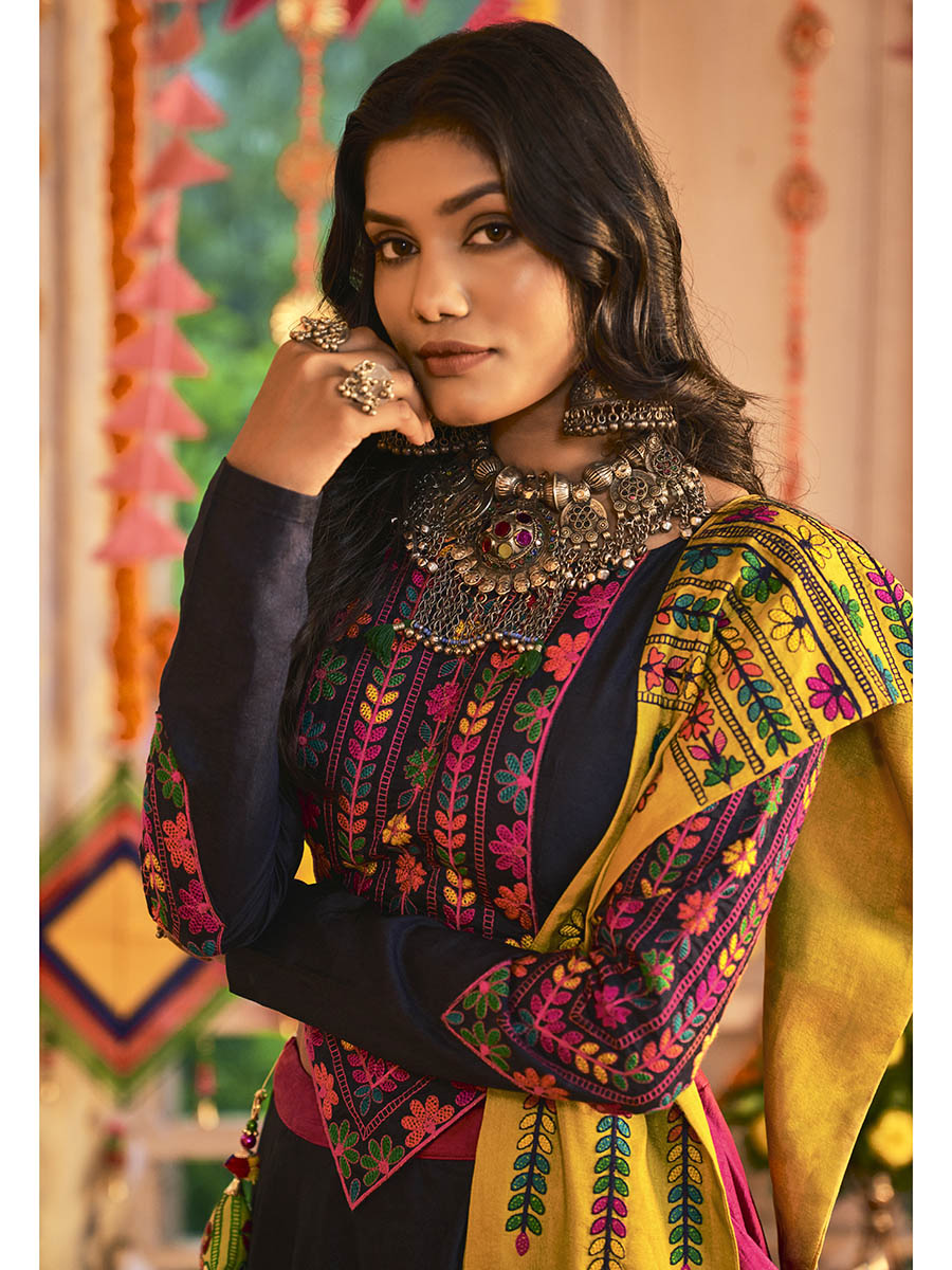 Myra Pink and Navy blue Silk Embroidered Navratri Special Lehenga | Grocsy