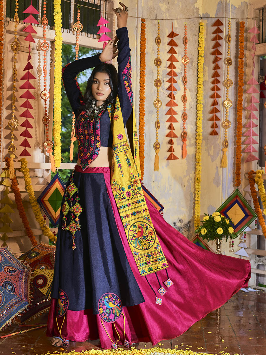 Myra Pink and Navy blue Silk Embroidered Navratri Special Lehenga | Grocsy