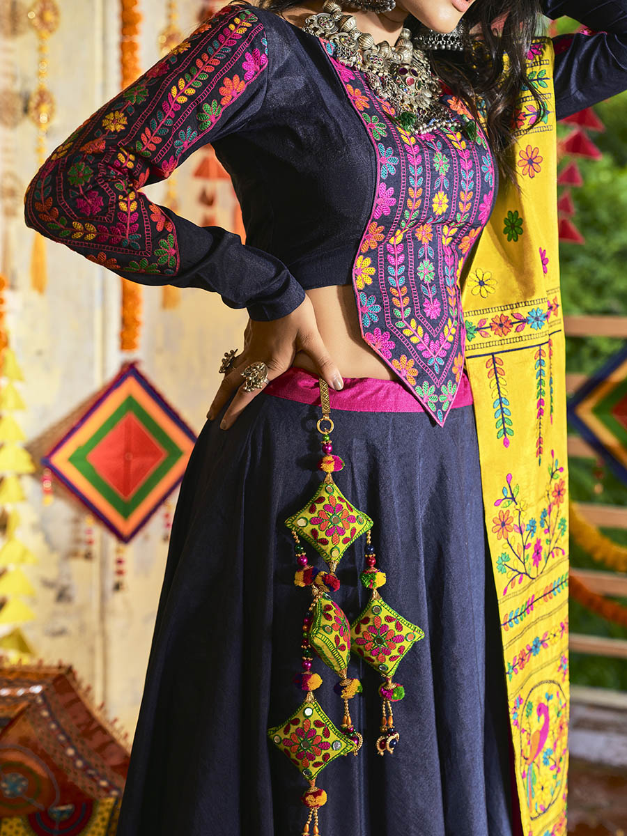 Myra Pink and Navy blue Silk Embroidered Navratri Special Lehenga | Grocsy