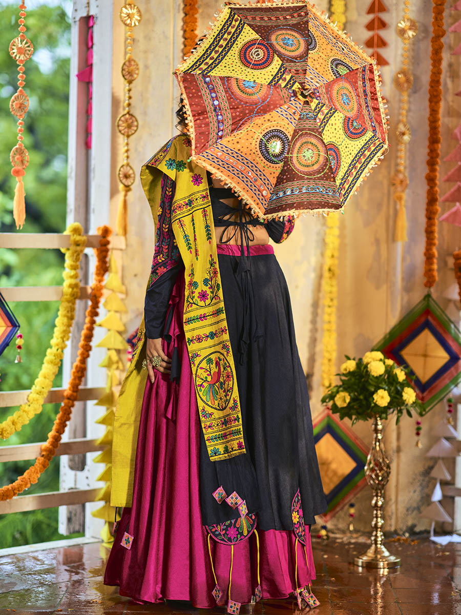 Myra Pink and Navy blue Silk Embroidered Navratri Special Lehenga | Grocsy