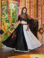 Myra Black and White Maslin Cotton Embroidered Navratri Special Lehenga | Grocsy