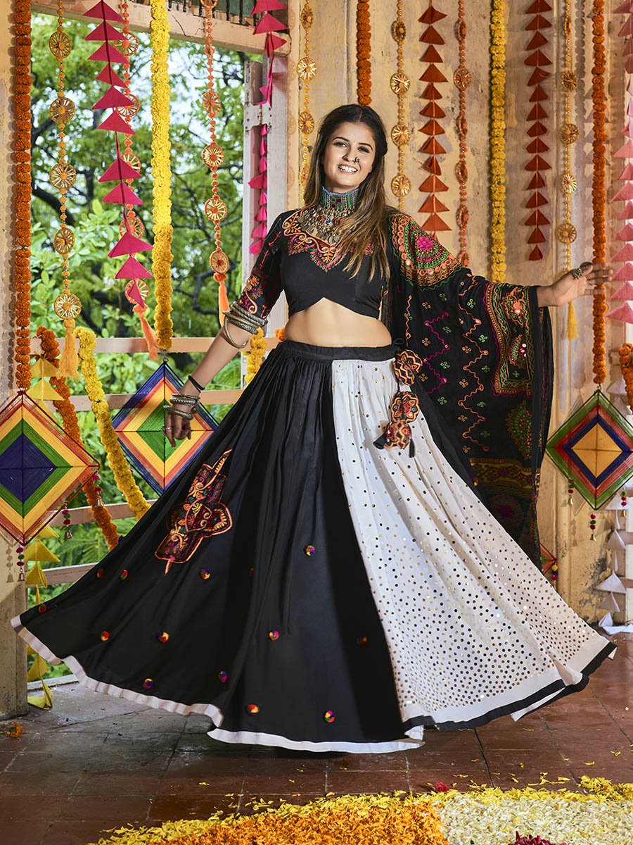 Myra Black and White Maslin Cotton Embroidered Navratri Special Lehenga | Grocsy