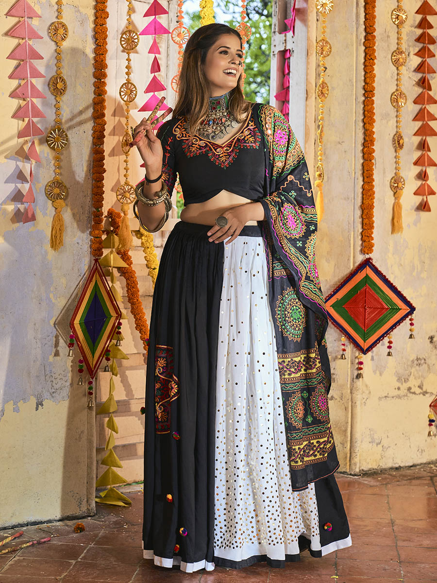Myra Black and White Maslin Cotton Embroidered Navratri Special Lehenga | Grocsy