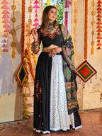Myra Black and White Maslin Cotton Embroidered Navratri Special Lehenga | Grocsy